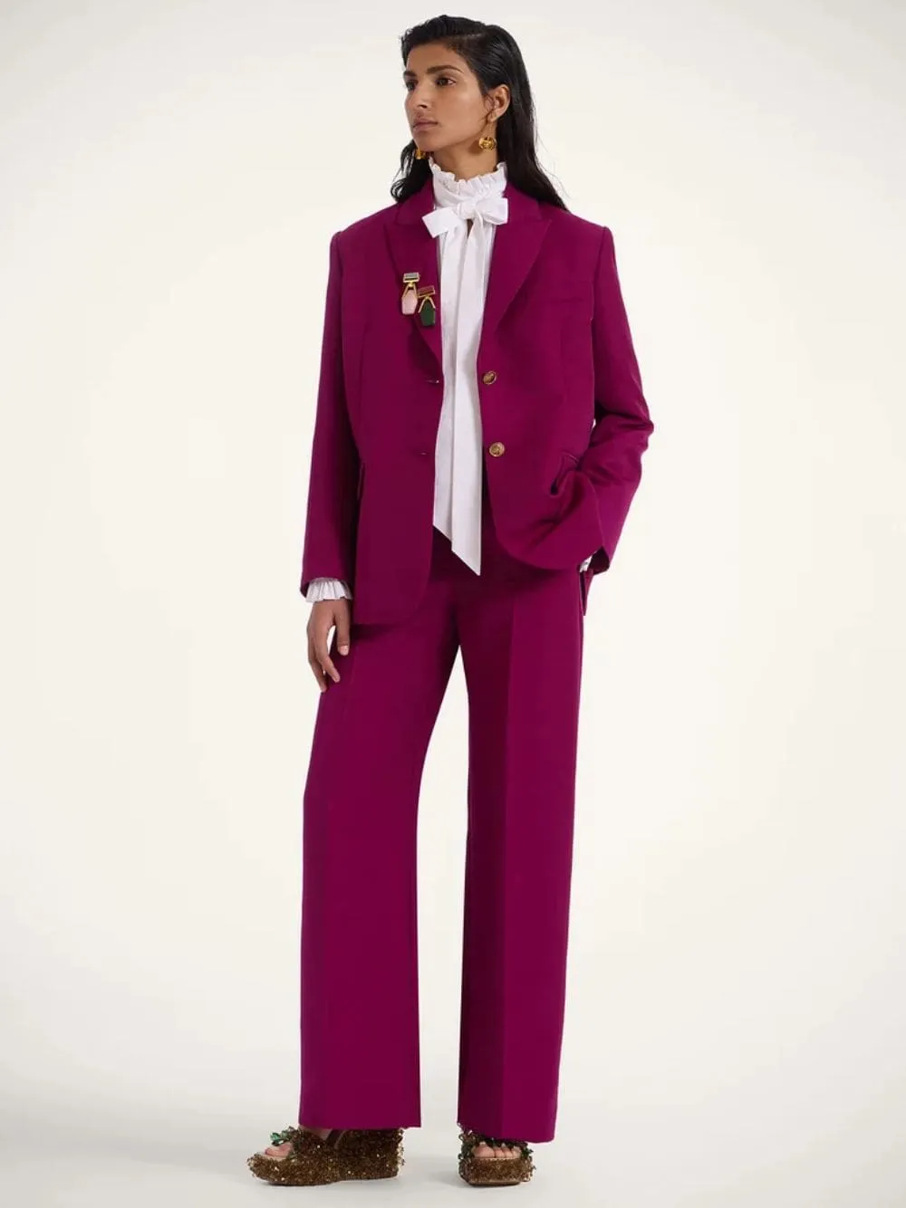 Solid Purple Wide-Leg Cady Wool Trousers