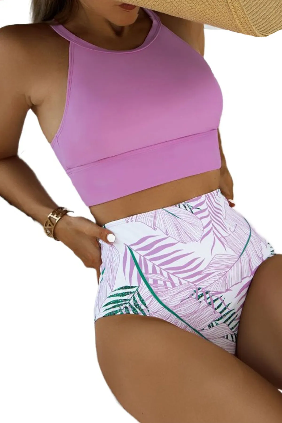 Solid Strappy Halter Bikini Printed High Waist Swimsuit