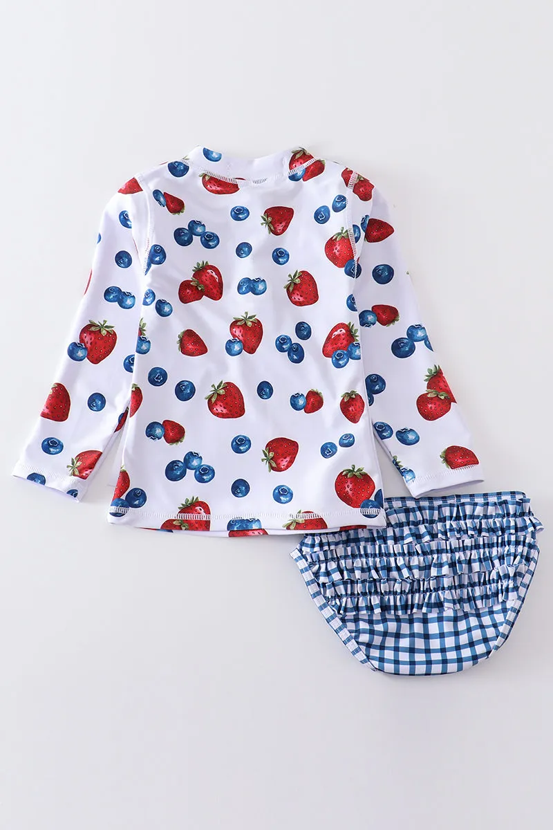 Strawberry print 2pc long sleeve rashguard swimsuit UPF50 
