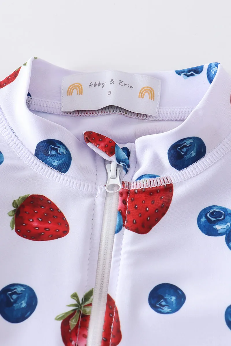 Strawberry print 2pc long sleeve rashguard swimsuit UPF50 