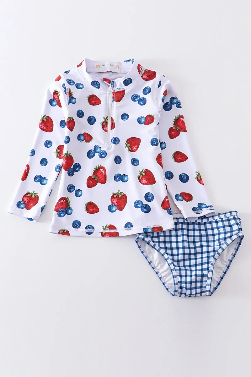 Strawberry print 2pc long sleeve rashguard swimsuit UPF50 