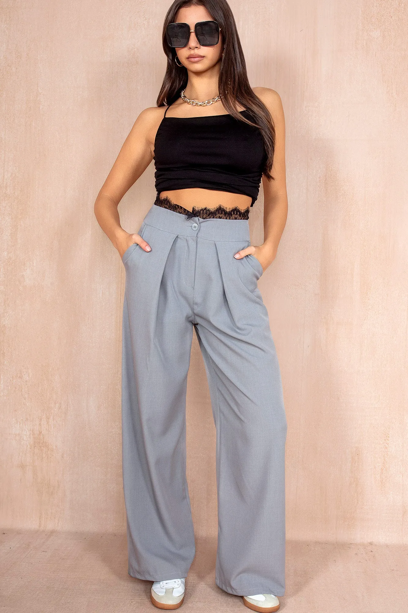 Suzy Grey Lace Trim Trousers