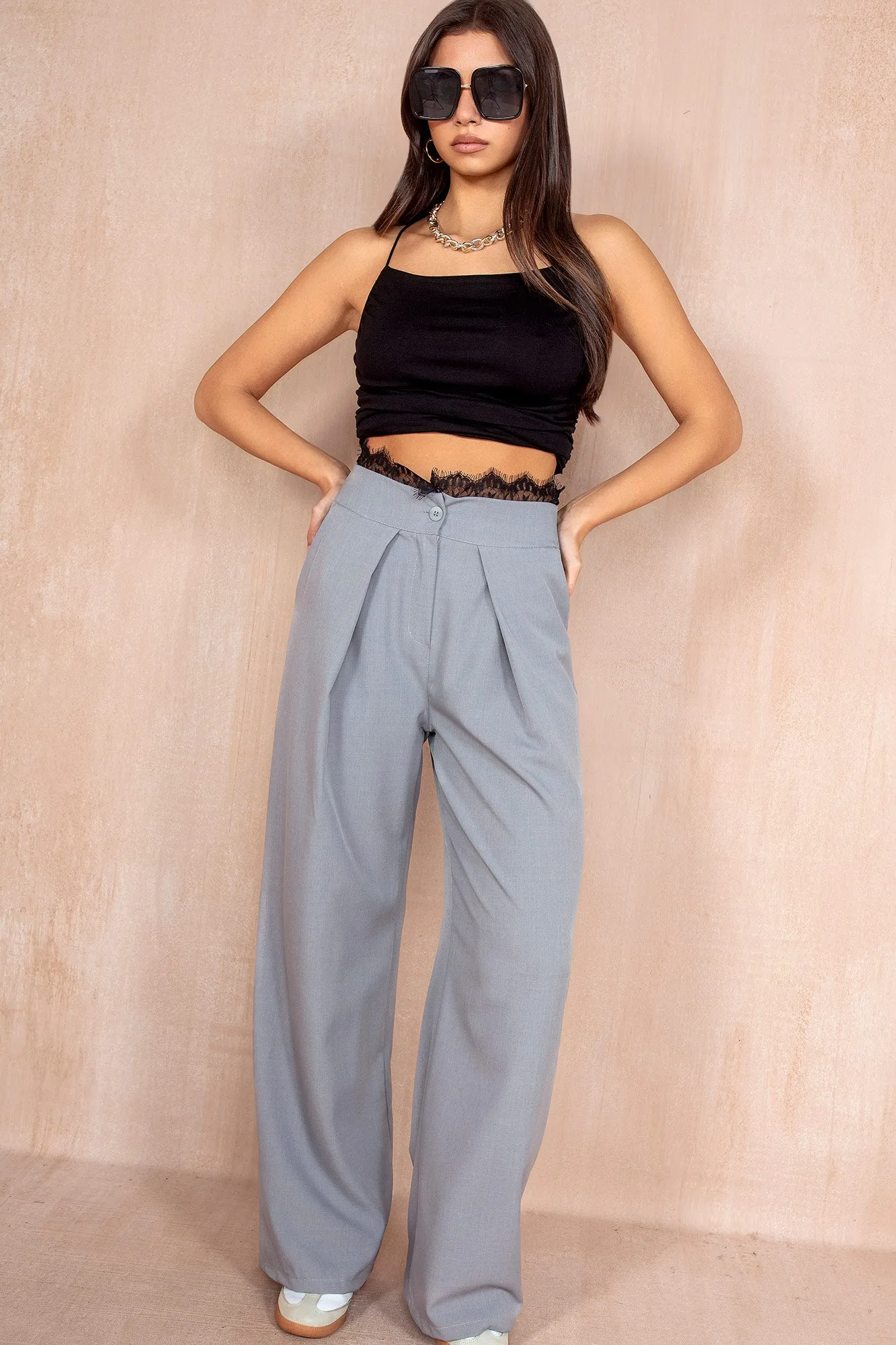 Suzy Grey Lace Trim Trousers