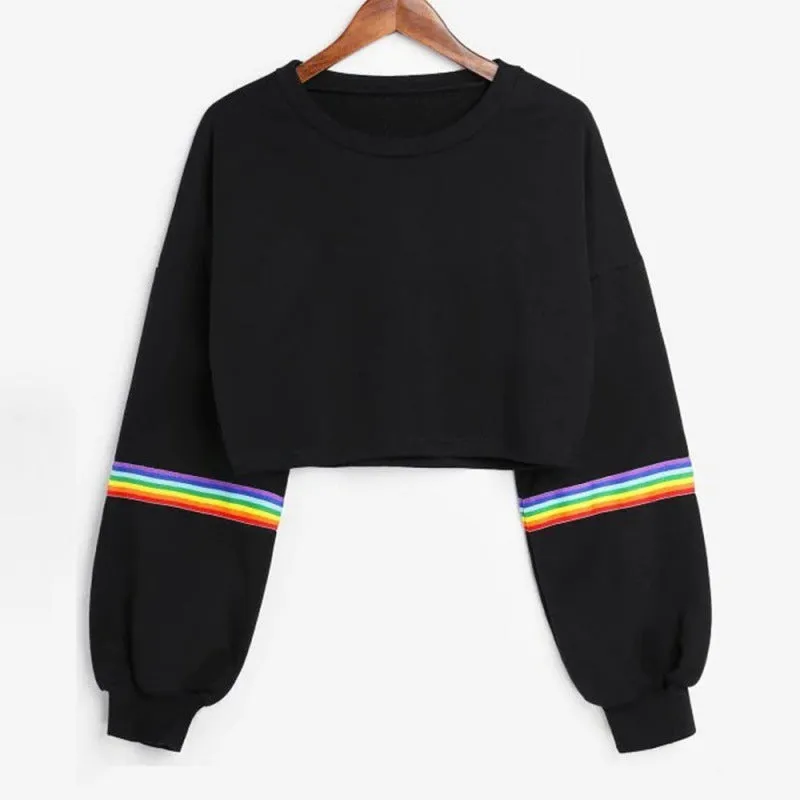 Sweatshirts Female Hoodie Rainbow Striped Crop Sweatshirt Ho