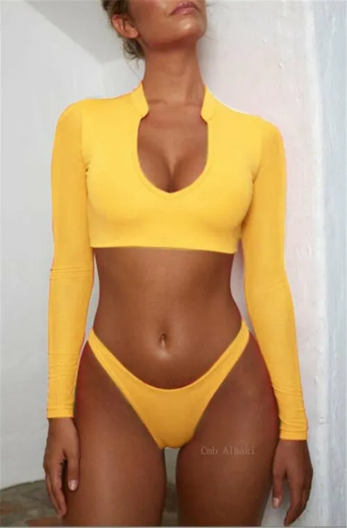 Swimwear for Women High Waist Long Sleeves Bikinis Set High Cut Sexy