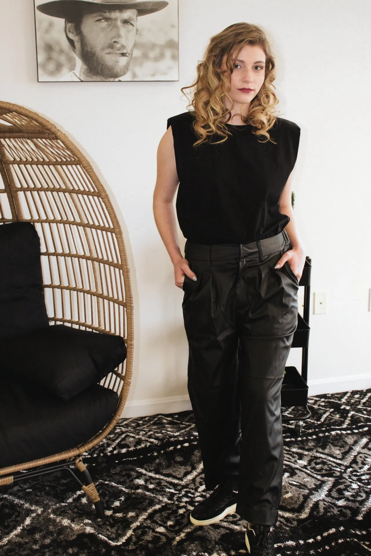 Tara Black Vegan Leather Pleated Pants