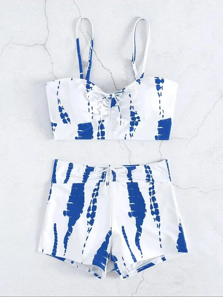 Tie Dye Bikini Drawstring Swimsuit Women High Waist Shorts Swimwear Female Padded Bathing Suit Swimming Beachwear Summer