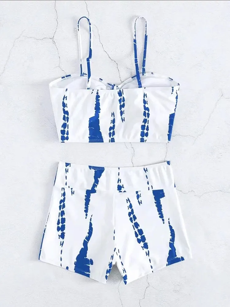 Tie Dye Bikini Drawstring Swimsuit Women High Waist Shorts Swimwear Female Padded Bathing Suit Swimming Beachwear Summer