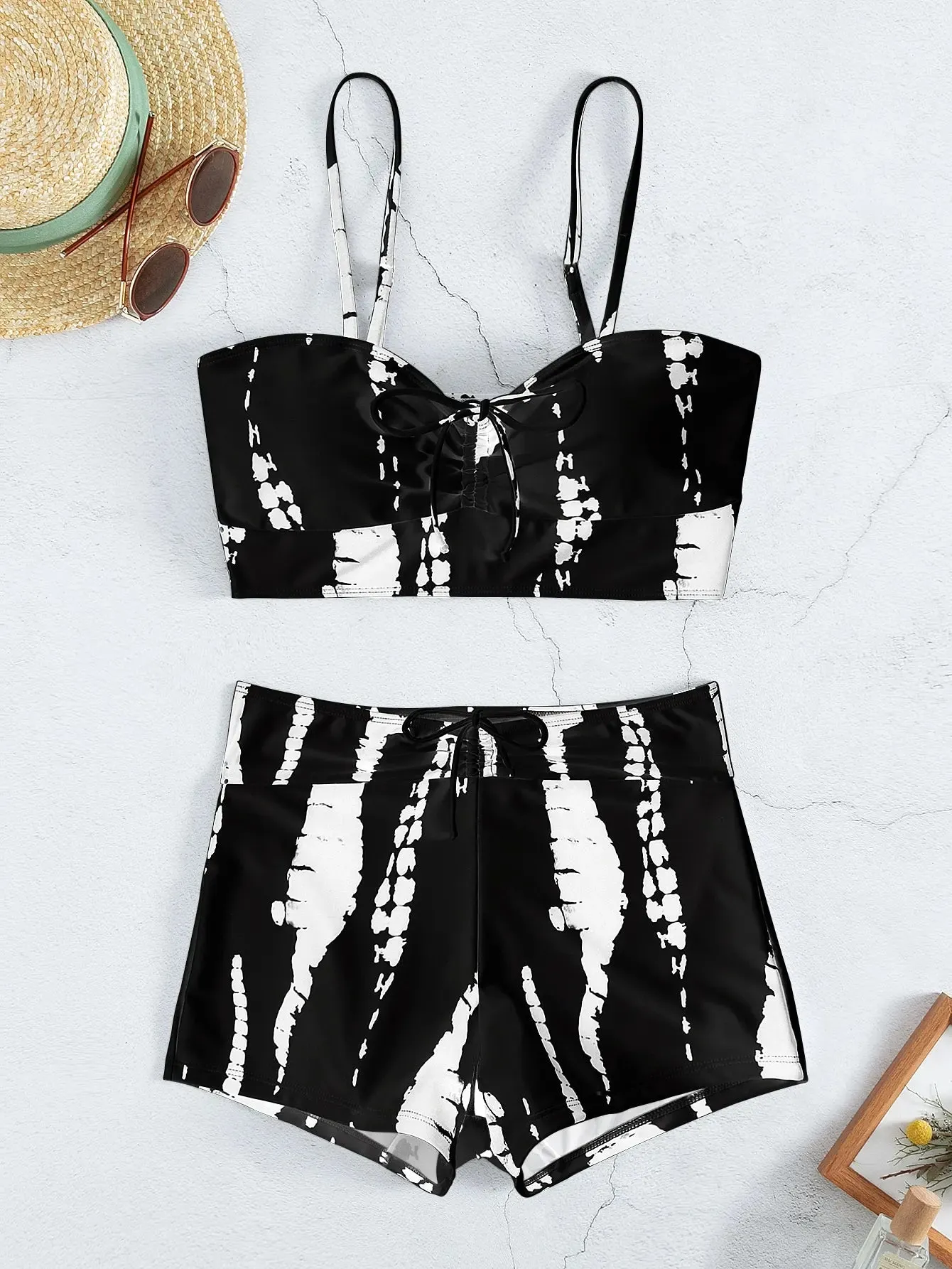 Tie Dye Bikini Drawstring Swimsuit Women High Waist Shorts Swimwear Female Padded Bathing Suit Swimming Beachwear Summer