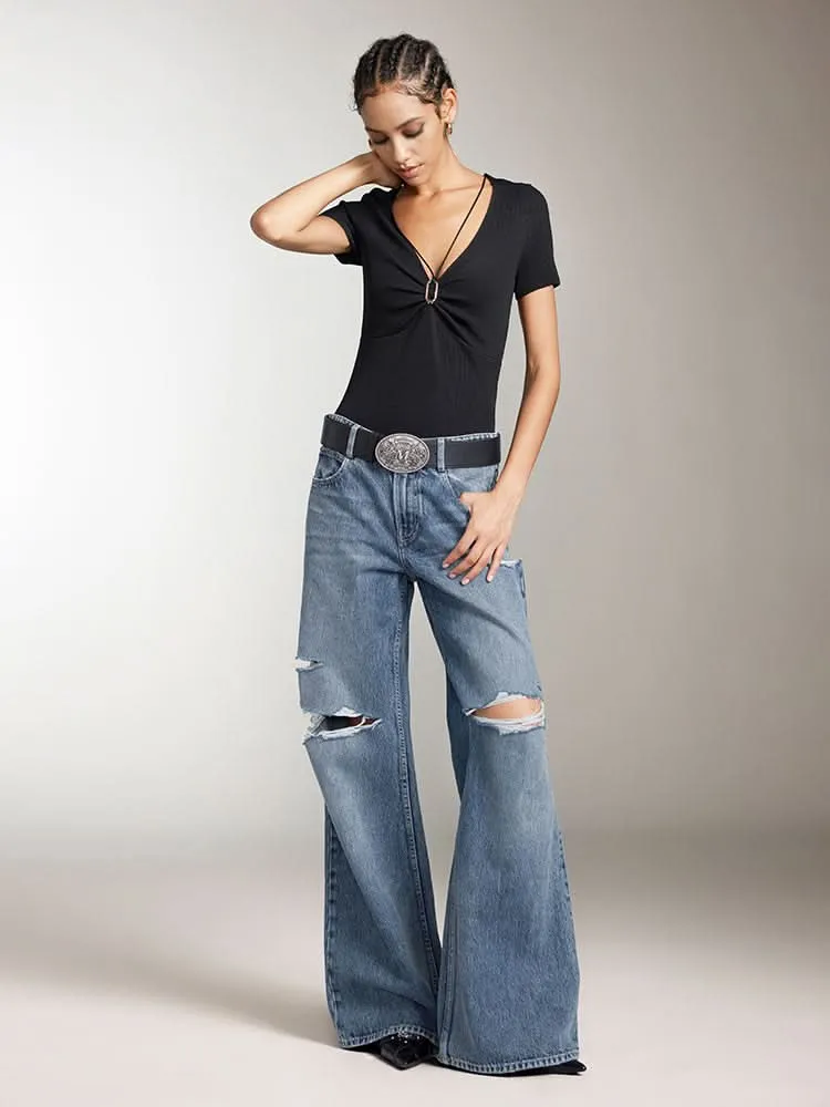 V-Neck Cropped Top With Metal Buttons