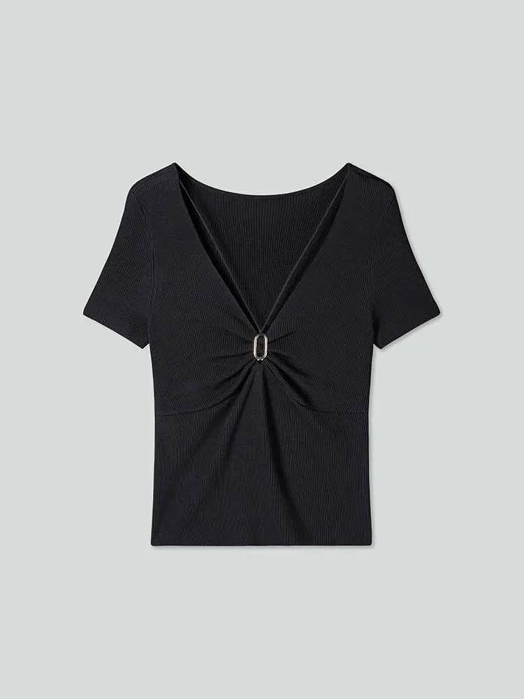 V-Neck Cropped Top With Metal Buttons