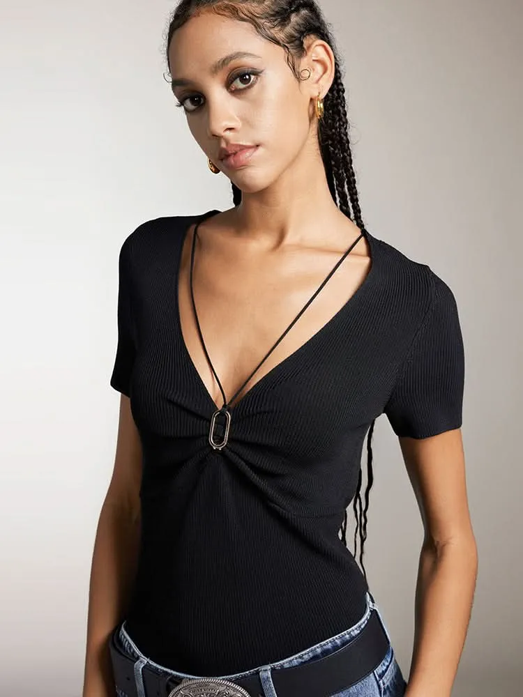 V-Neck Cropped Top With Metal Buttons