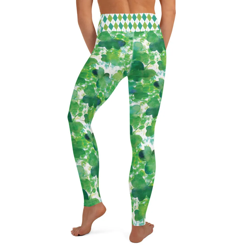 Watercolor Shamrocks and Plaid - Women's Yoga Leggings