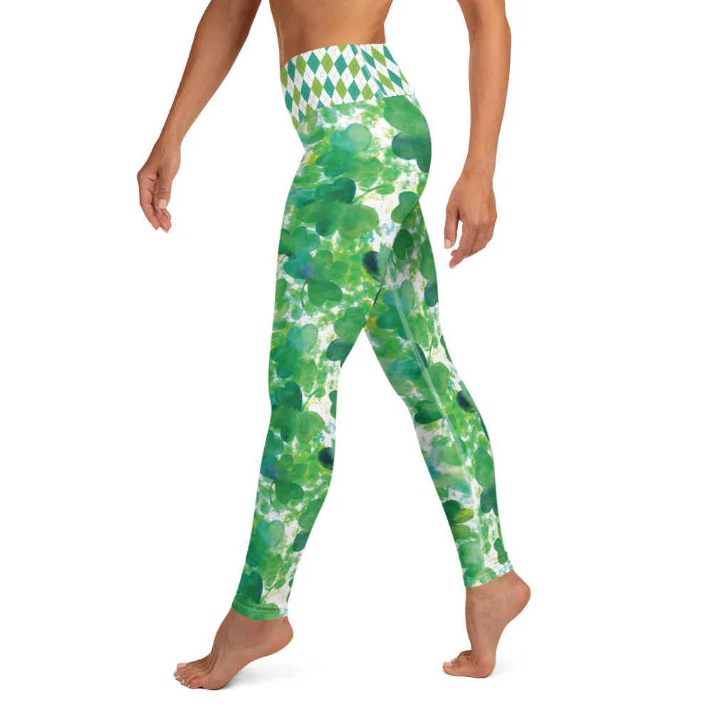 Watercolor Shamrocks and Plaid - Women's Yoga Leggings