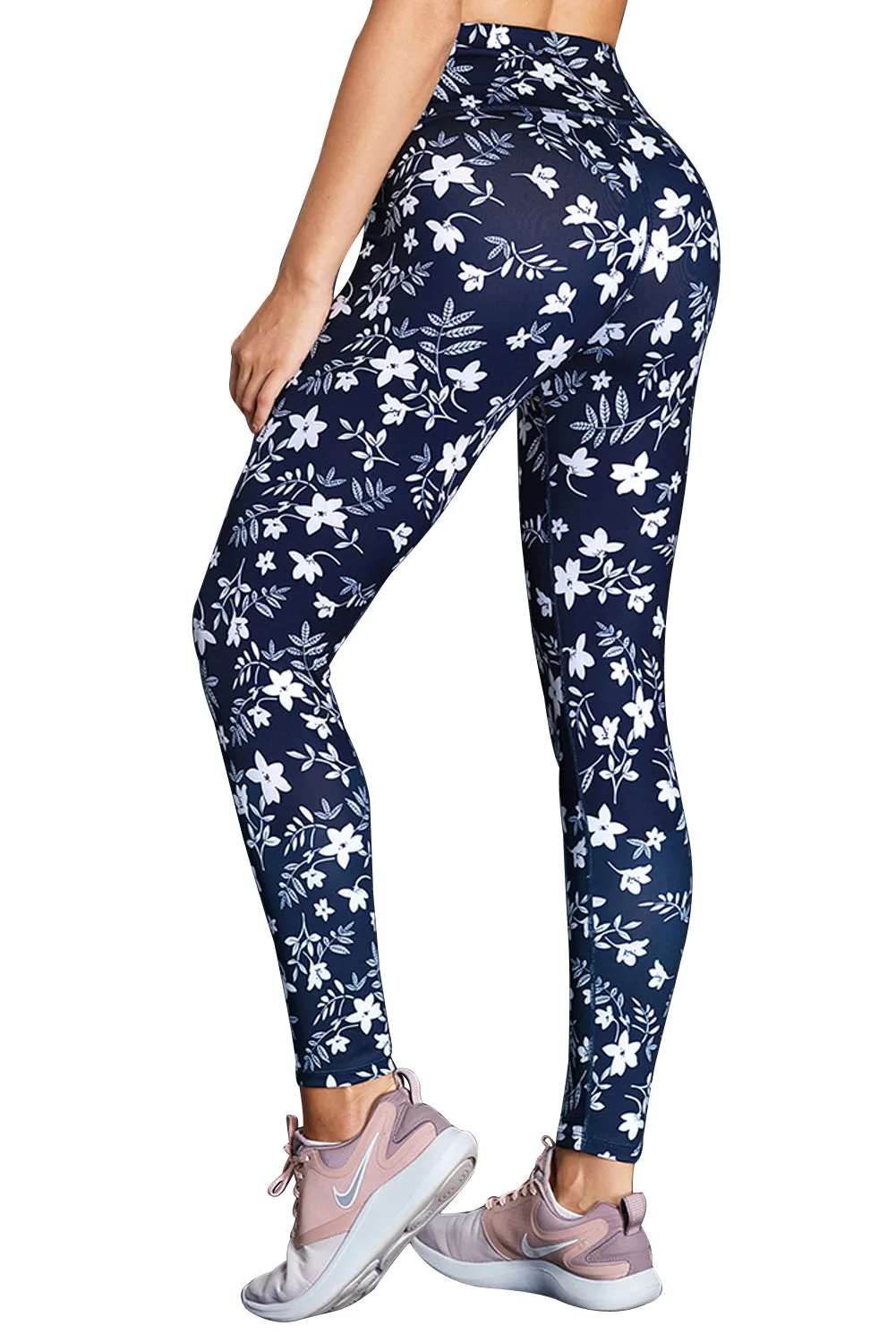 White Floral High Waist Yoga Leggings in Navy