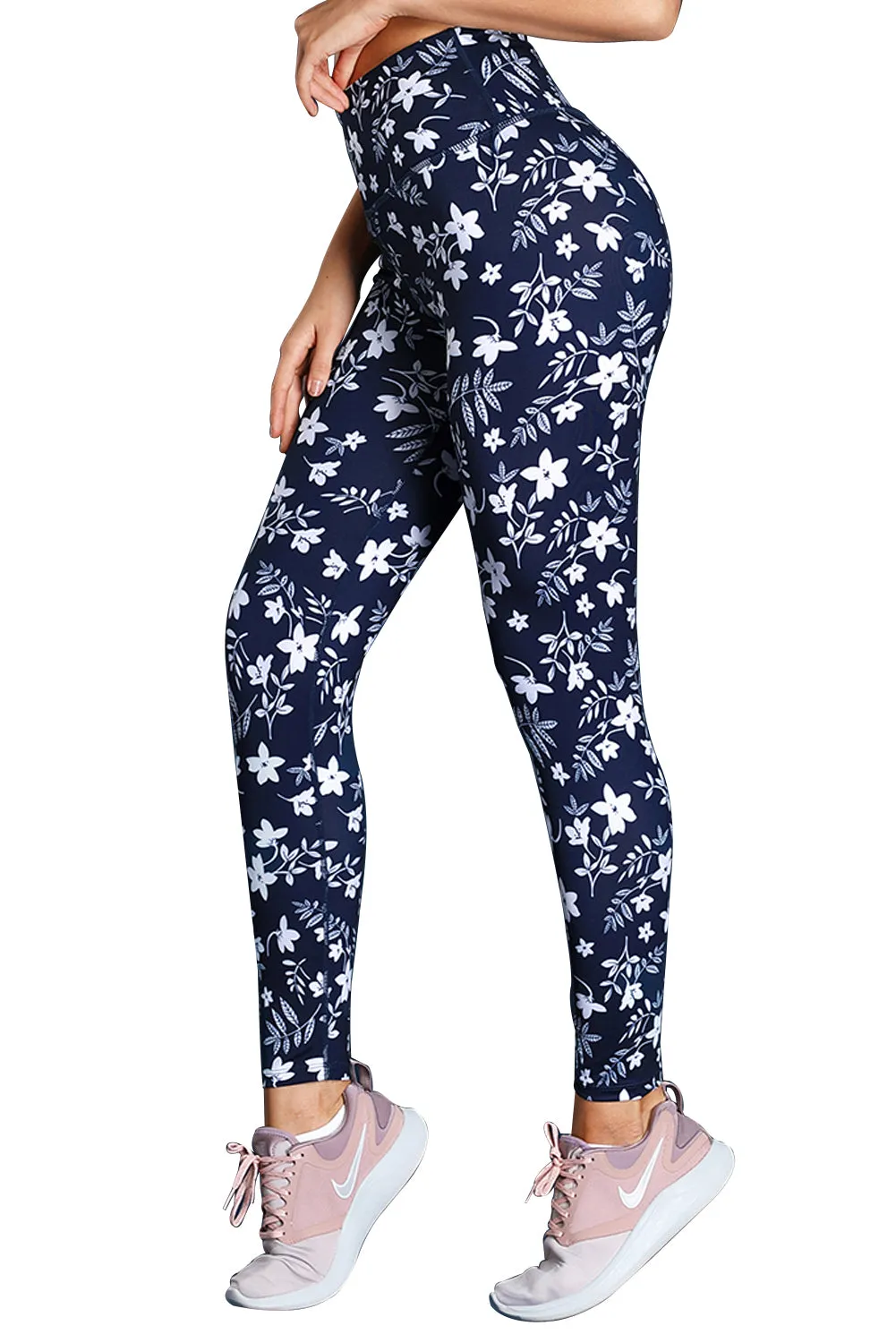 White Floral High Waist Yoga Leggings in Navy