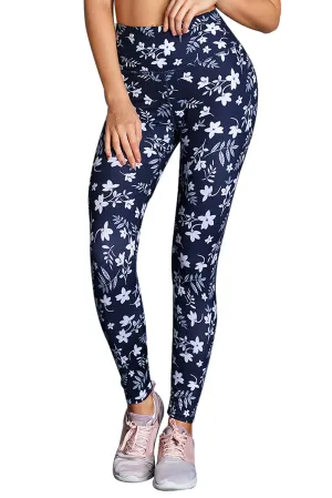 White Floral High Waist Yoga Leggings in Navy