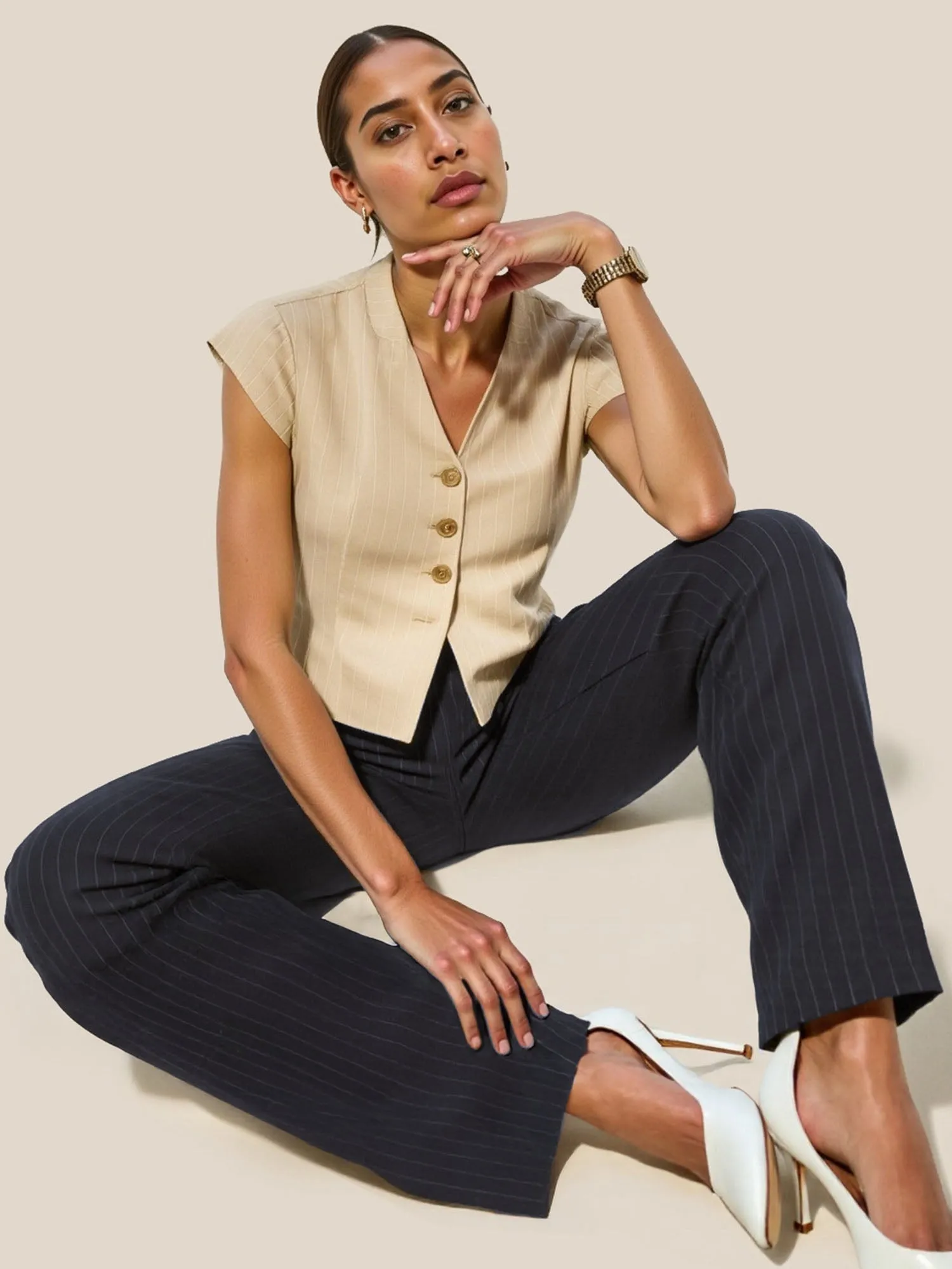 Wide Leg Pinstripe Pleated Pants