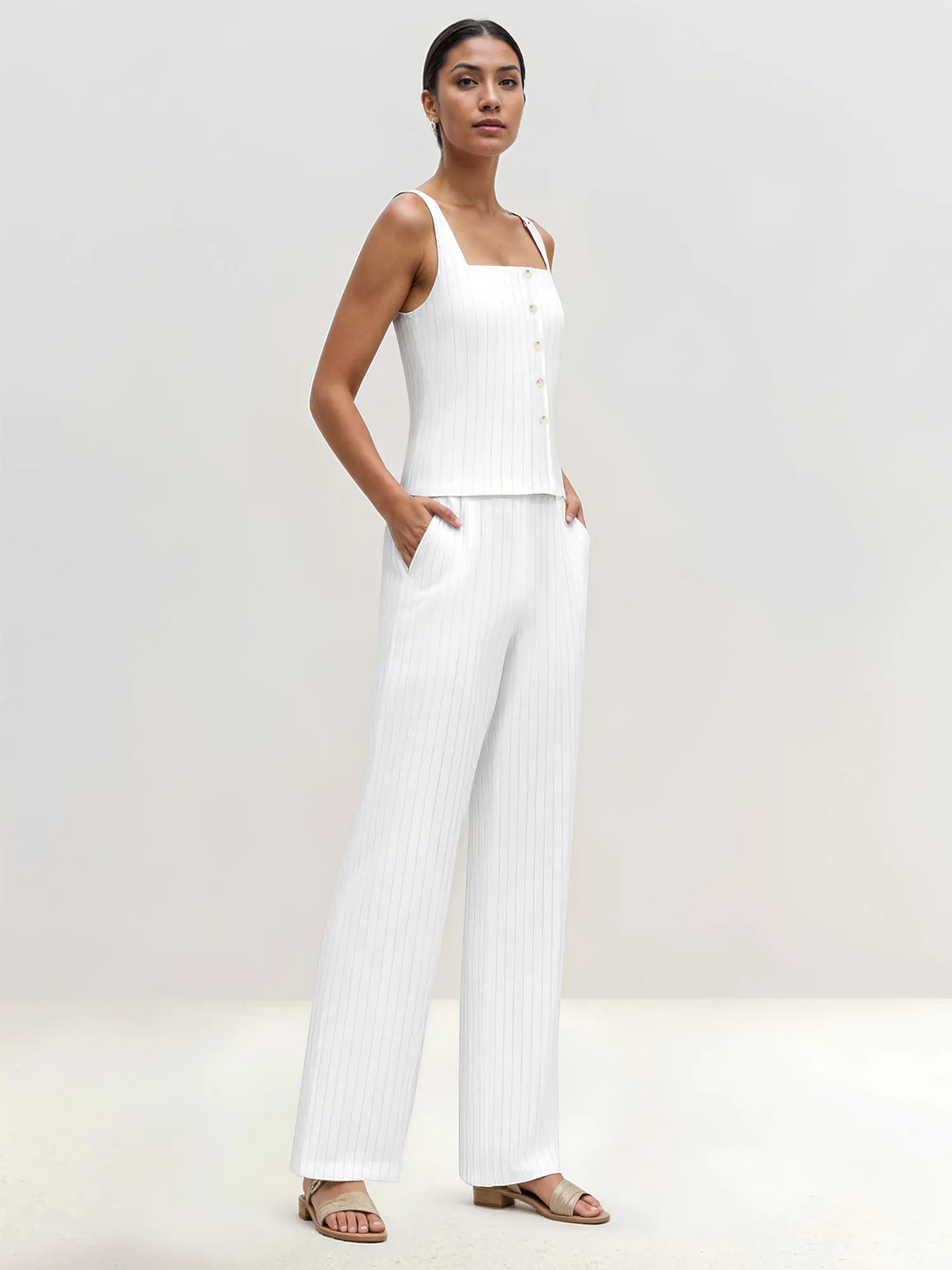 Wide Leg Pinstripe Pleated Pants