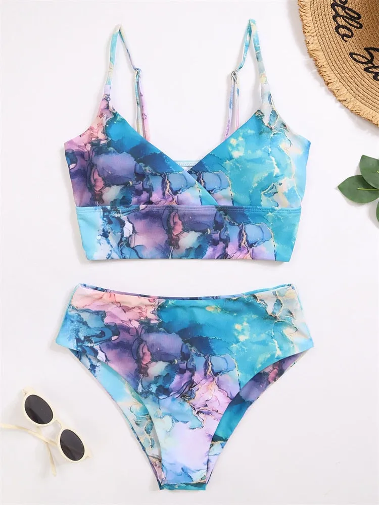 Women Swimsuit New Lace Up Ribbed Swimwear High Waist Bikinis Set