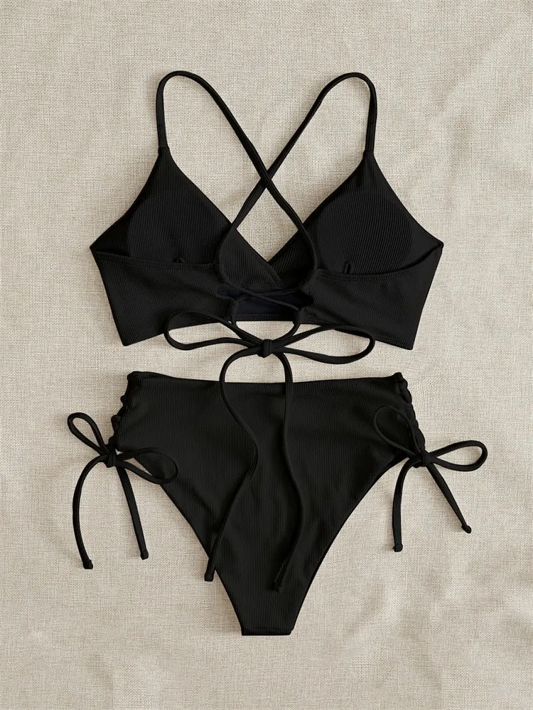 Women Swimsuit New Lace Up Ribbed Swimwear High Waist Bikinis Set