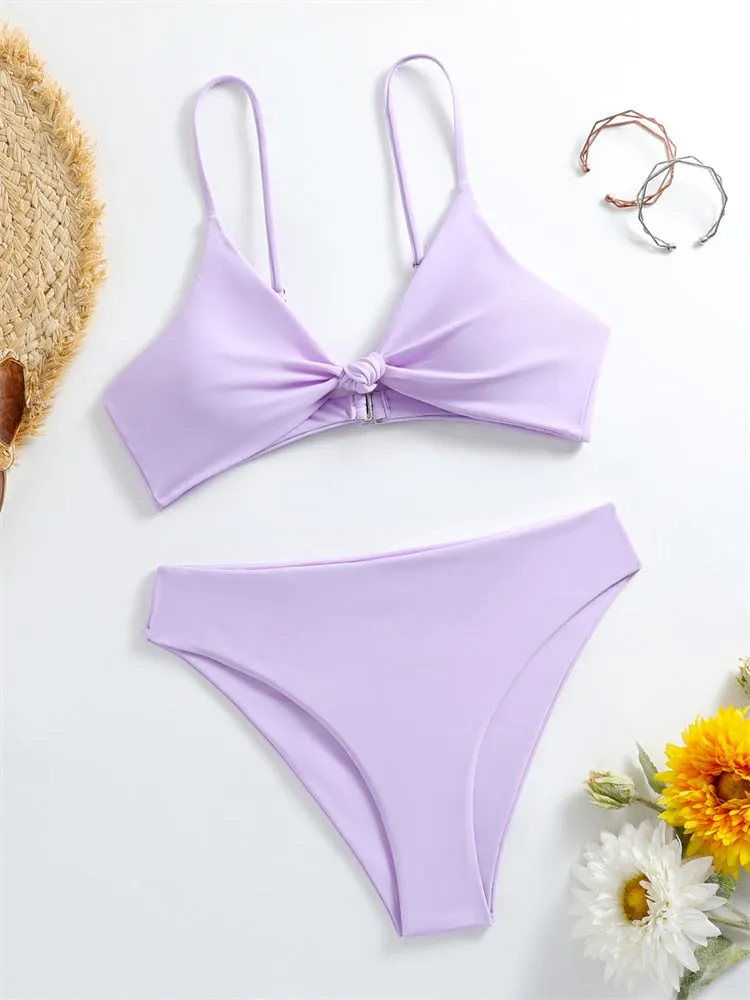 Women Swimsuit New Lace Up Ribbed Swimwear High Waist Bikinis Set
