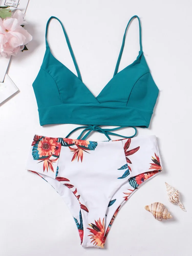Women Swimsuit New Lace Up Ribbed Swimwear High Waist Bikinis Set