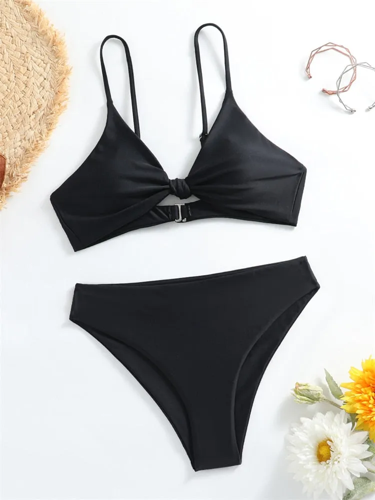 Women Swimsuit New Lace Up Ribbed Swimwear High Waist Bikinis Set