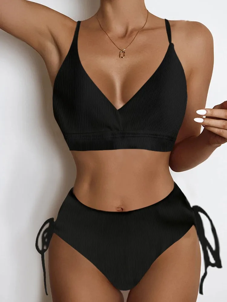 Women Swimsuit New Lace Up Ribbed Swimwear High Waist Bikinis Set