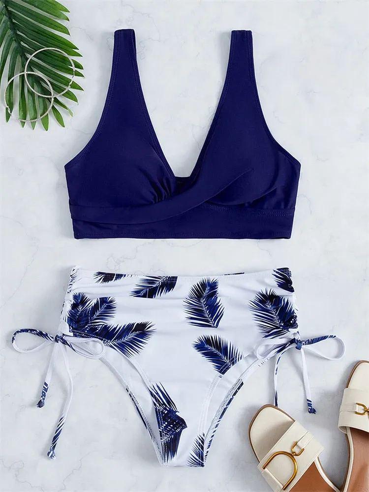 Women Swimsuit New Lace Up Ribbed Swimwear High Waist Bikinis Set
