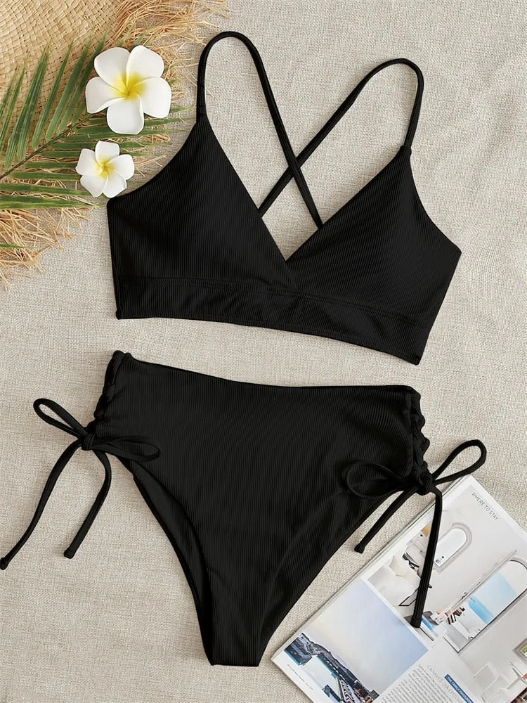 Women Swimsuit New Lace Up Ribbed Swimwear High Waist Bikinis Set