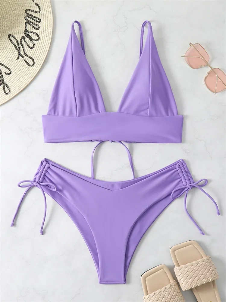 Women Swimsuit New Lace Up Ribbed Swimwear High Waist Bikinis Set