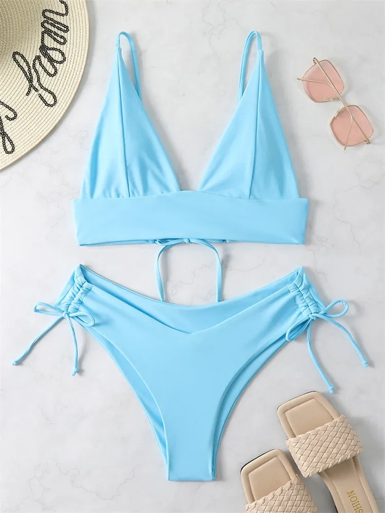 Women Swimsuit New Lace Up Ribbed Swimwear High Waist Bikinis Set