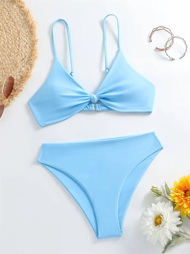 Women Swimsuit New Lace Up Ribbed Swimwear High Waist Bikinis Set