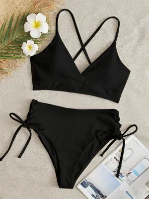 Women Swimsuit New Lace Up Ribbed Swimwear High Waist Bikinis Set