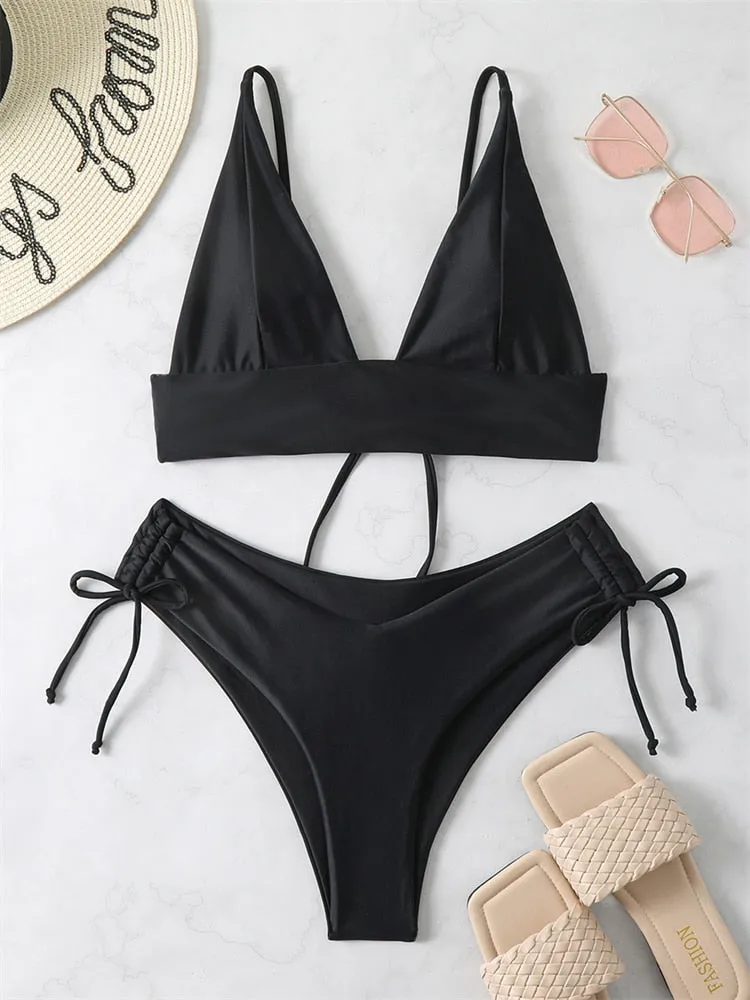 Women Swimsuit New Lace Up Ribbed Swimwear High Waist Bikinis Set