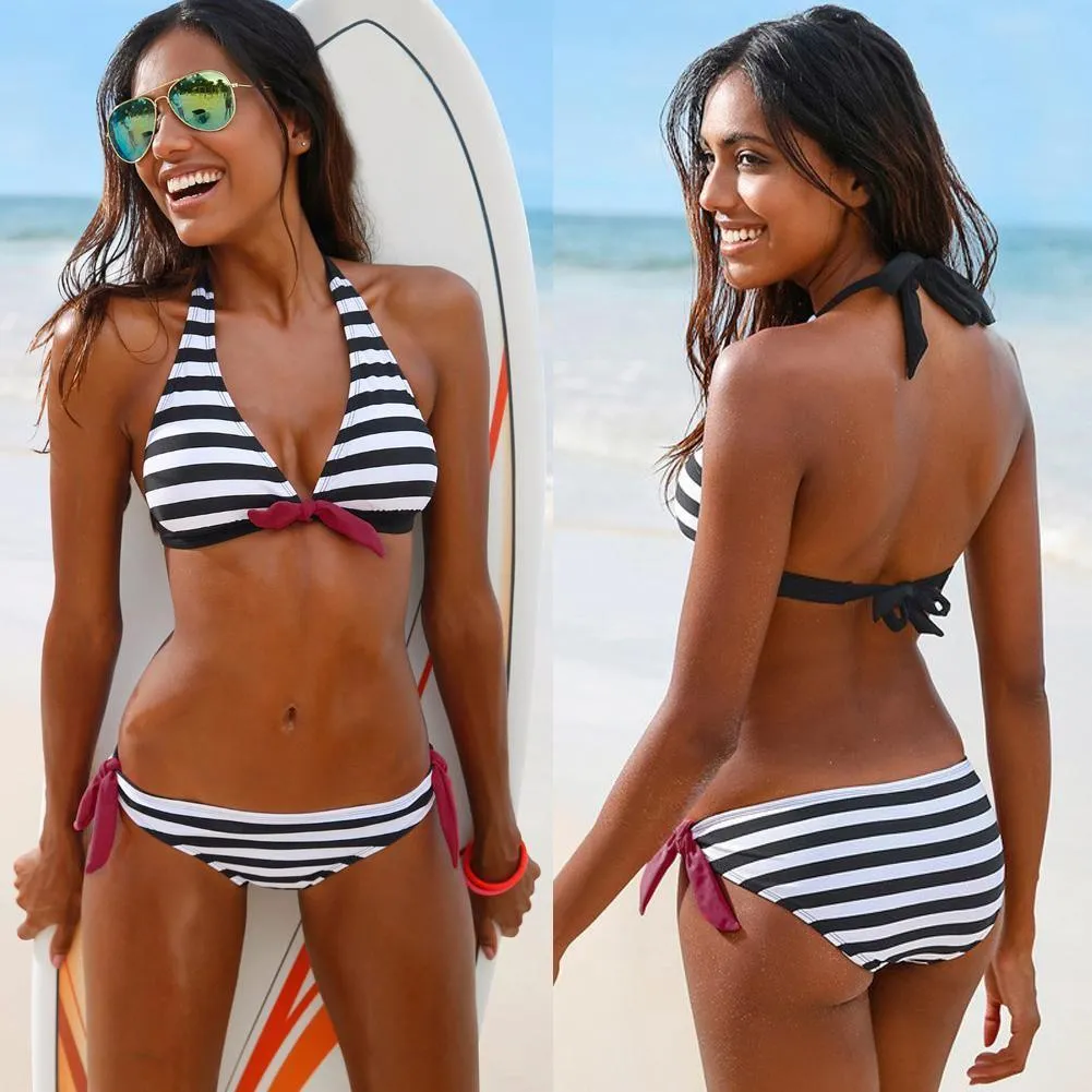 Women Swimwear Sexy Retro Stripe Print Bandage Two Piece Suit  B020
