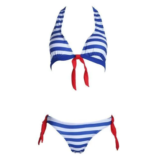 Women Swimwear Sexy Retro Stripe Print Bandage Two Piece Suit  B020