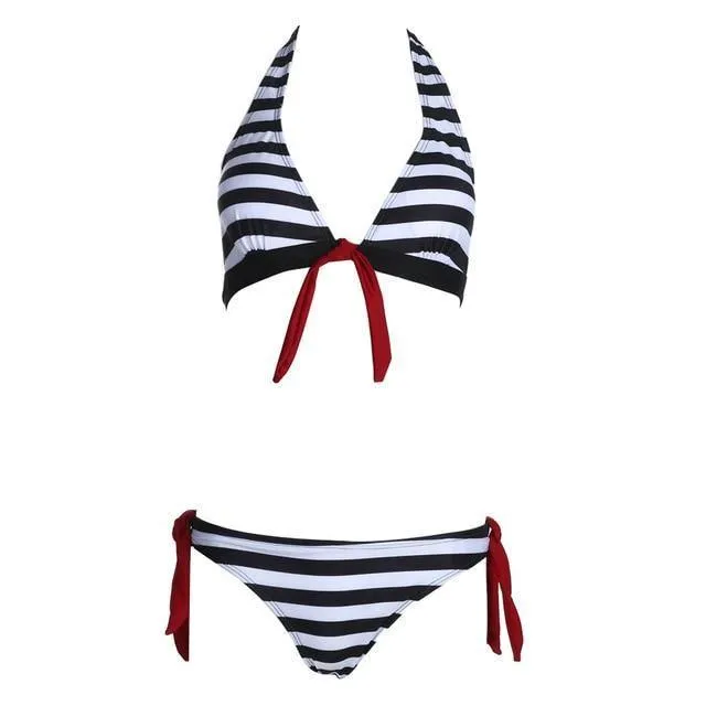 Women Swimwear Sexy Retro Stripe Print Bandage Two Piece Suit  B020