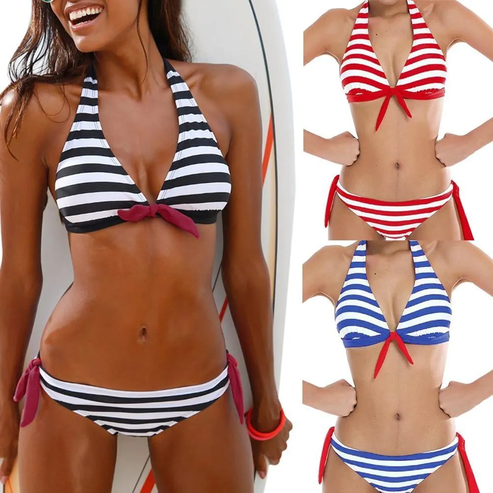 Women Swimwear Sexy Retro Stripe Print Bandage Two Piece Suit  B020