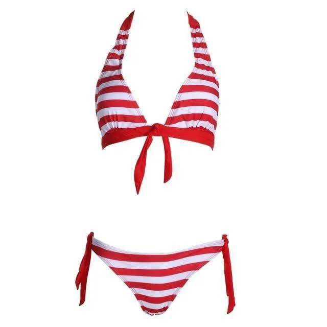 Women Swimwear Sexy Retro Stripe Print Bandage Two Piece Suit  B020