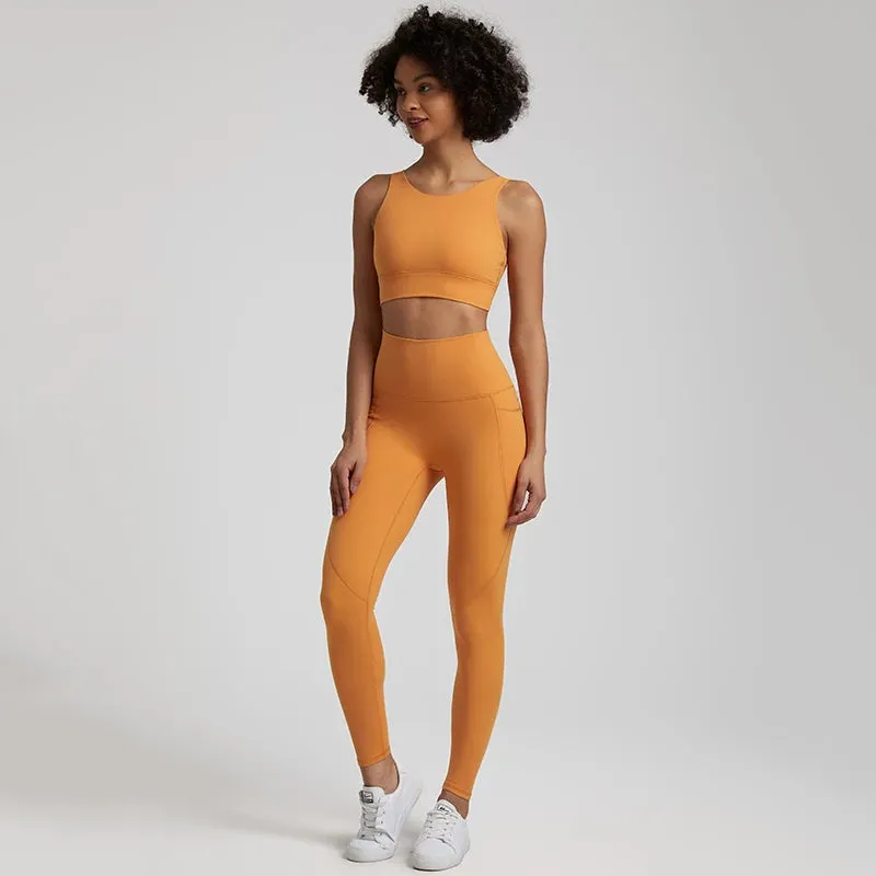 Women's Buttery Soft Yoga Tracksuit Set with Pocket - Stretch High Waist Crop Top Bra and Workout Leggings
