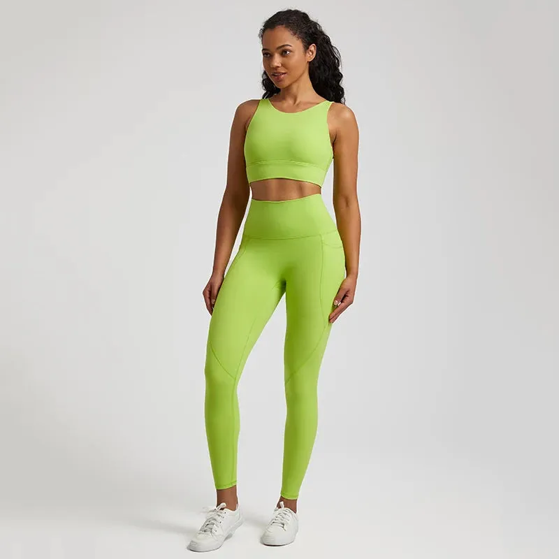 Women's Buttery Soft Yoga Tracksuit Set with Pocket - Stretch High Waist Crop Top Bra and Workout Leggings
