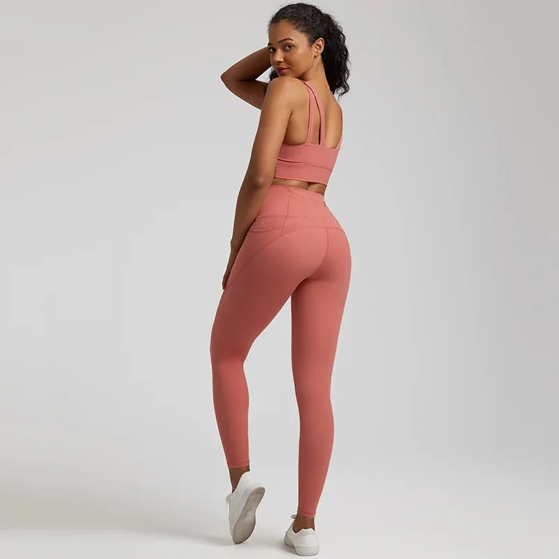 Women's Buttery Soft Yoga Tracksuit Set with Pocket - Stretch High Waist Crop Top Bra and Workout Leggings
