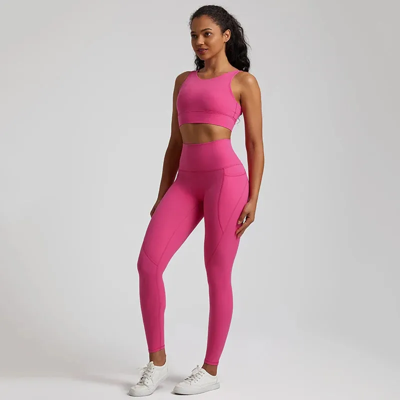 Women's Buttery Soft Yoga Tracksuit Set with Pocket - Stretch High Waist Crop Top Bra and Workout Leggings