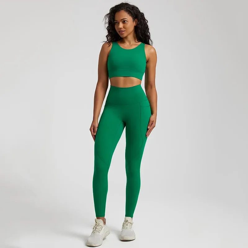 Women's Buttery Soft Yoga Tracksuit Set with Pocket - Stretch High Waist Crop Top Bra and Workout Leggings