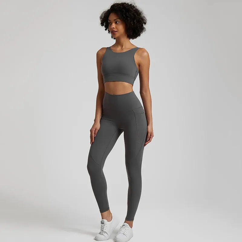 Women's Buttery Soft Yoga Tracksuit Set with Pocket - Stretch High Waist Crop Top Bra and Workout Leggings