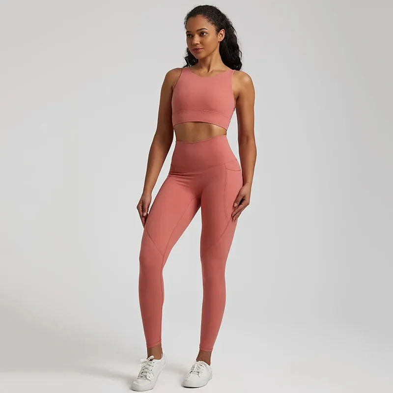 Women's Buttery Soft Yoga Tracksuit Set with Pocket - Stretch High Waist Crop Top Bra and Workout Leggings