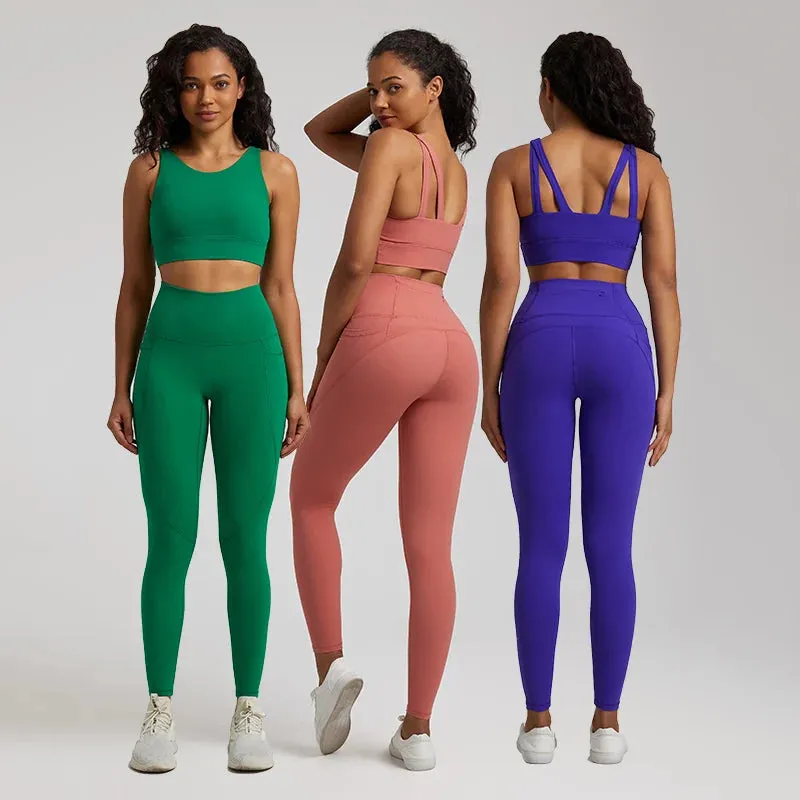 Women's Buttery Soft Yoga Tracksuit Set with Pocket - Stretch High Waist Crop Top Bra and Workout Leggings
