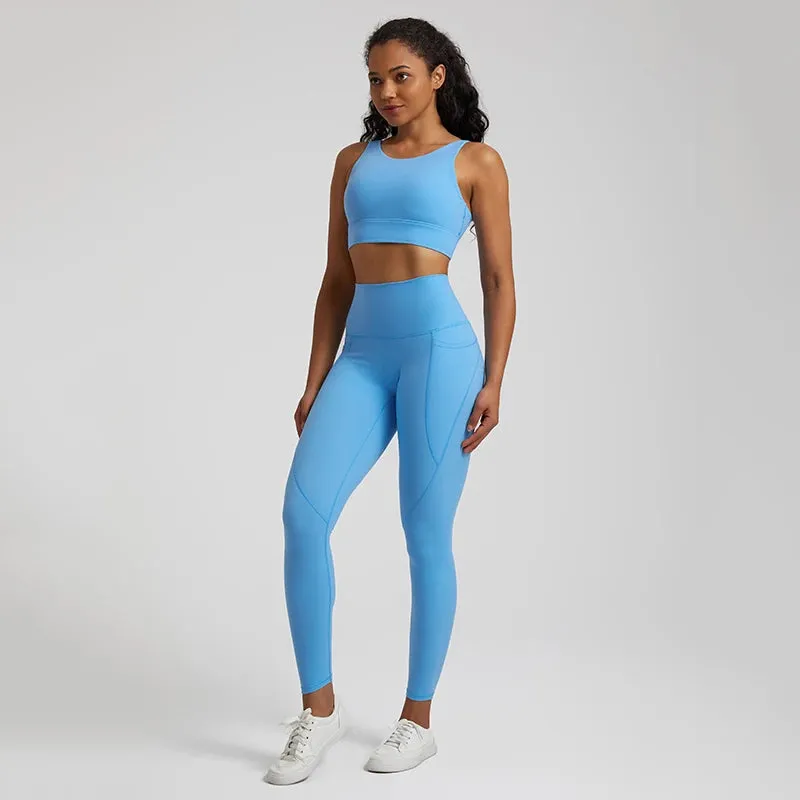 Women's Buttery Soft Yoga Tracksuit Set with Pocket - Stretch High Waist Crop Top Bra and Workout Leggings